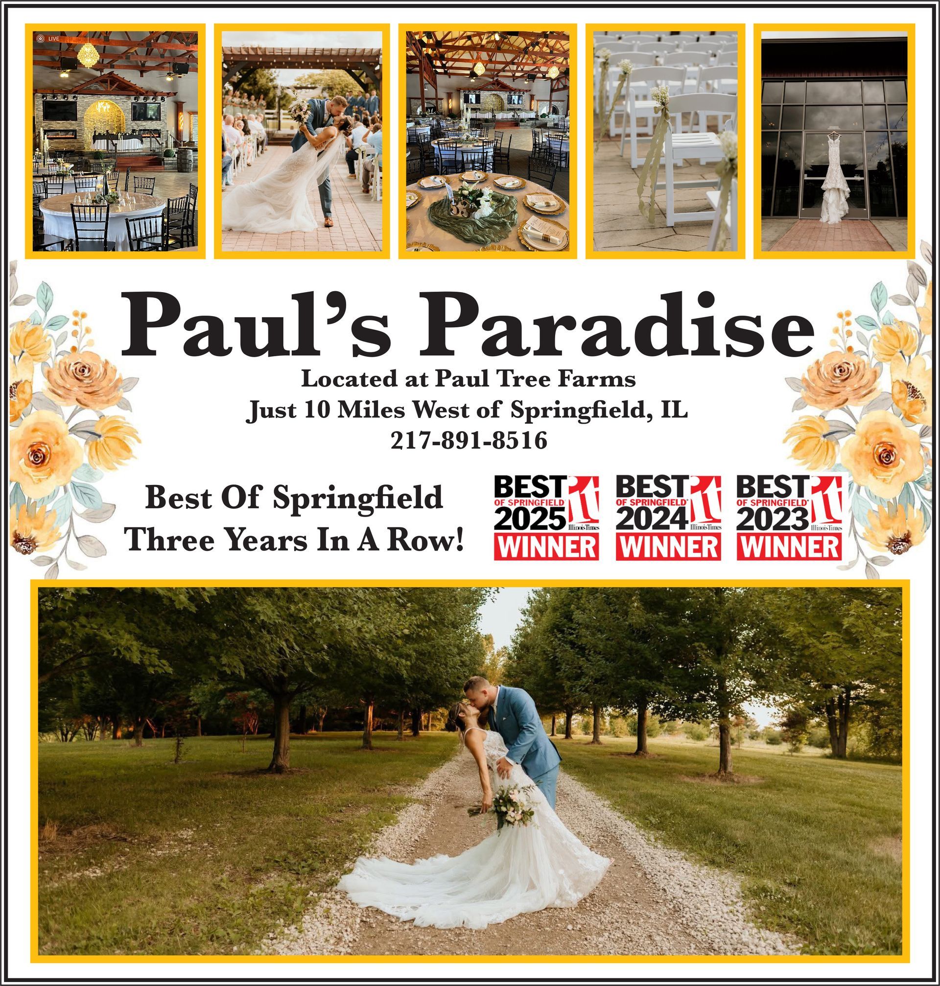 Paul's Paradise wedding venue advertisement: Photos, awards, couple, address, phone.