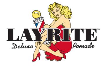 Layrite Deluxe Pomade logo: Blonde woman in red lingerie sits with a barber pole.