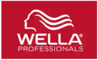 Wella Professionals logo with a white silhouette of a woman and hair waves on a red background.