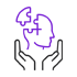 Purple outlined human head with puzzle piece and hands supporting it