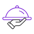 Purple cloche serving tray with a hand holding a covered dish icon
