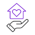Hand holding a house icon with a heart in purple outline