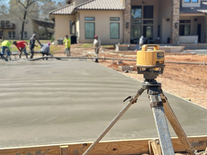 Concrete being poured at a construction site with a laser level in the foreground and workers in the background.