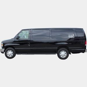 A black van is parked on a white background.