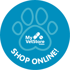 A blue circle with a paw print and the words shop online