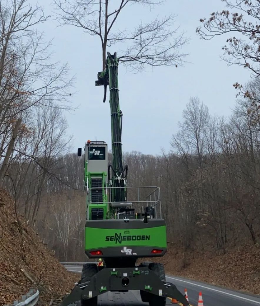 A bright green Sennebogen tree-trimming machine holding a tall tree trunk vertically beside a wooded road.