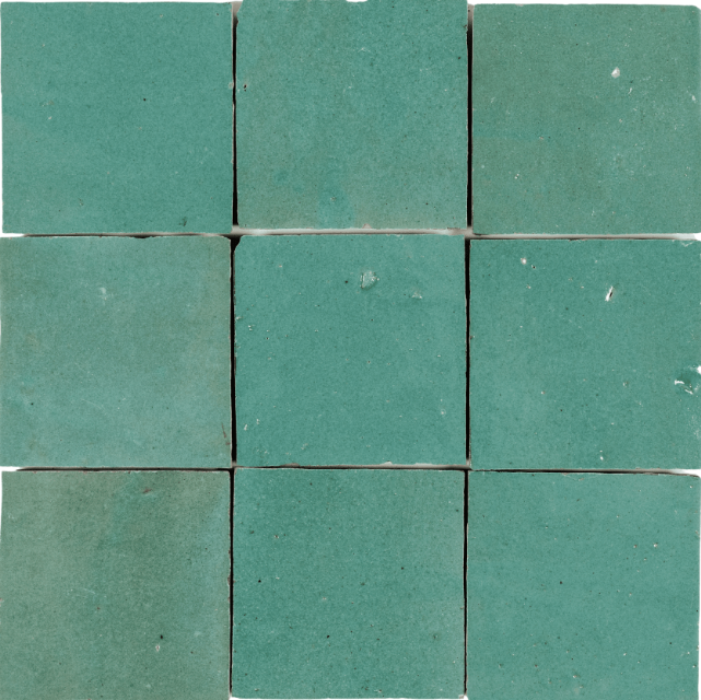 'Soft aqua-blue handmade 4x4 Zellige tiles stacked in a square formation, showcasing a glossy, textured surface with slight variations in shade and tone, evoking a calming oceanic vibe.'