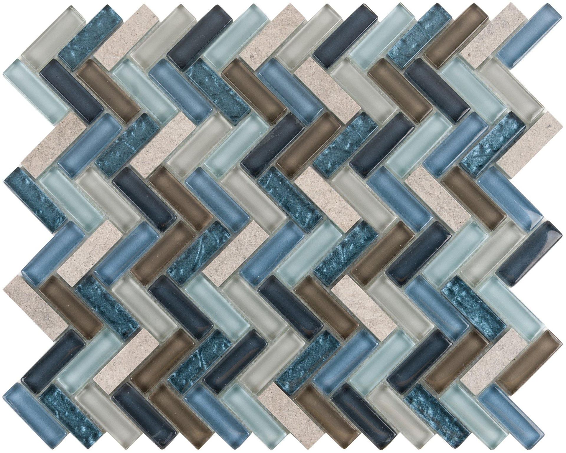 Herringbone mosaic tile in shades of blue, brown, beige, and textured glass.