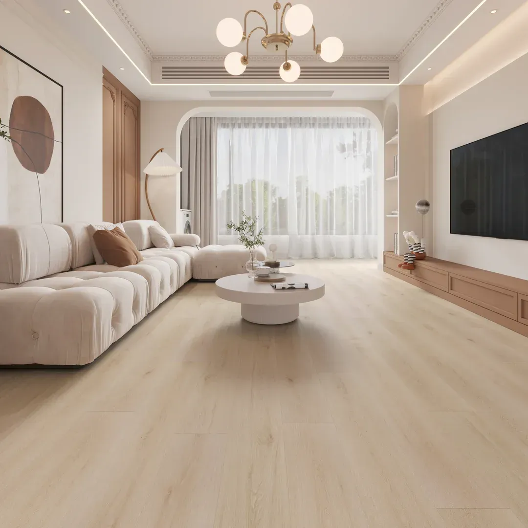 Light-floored living room with a white sofa, round coffee table, and TV.