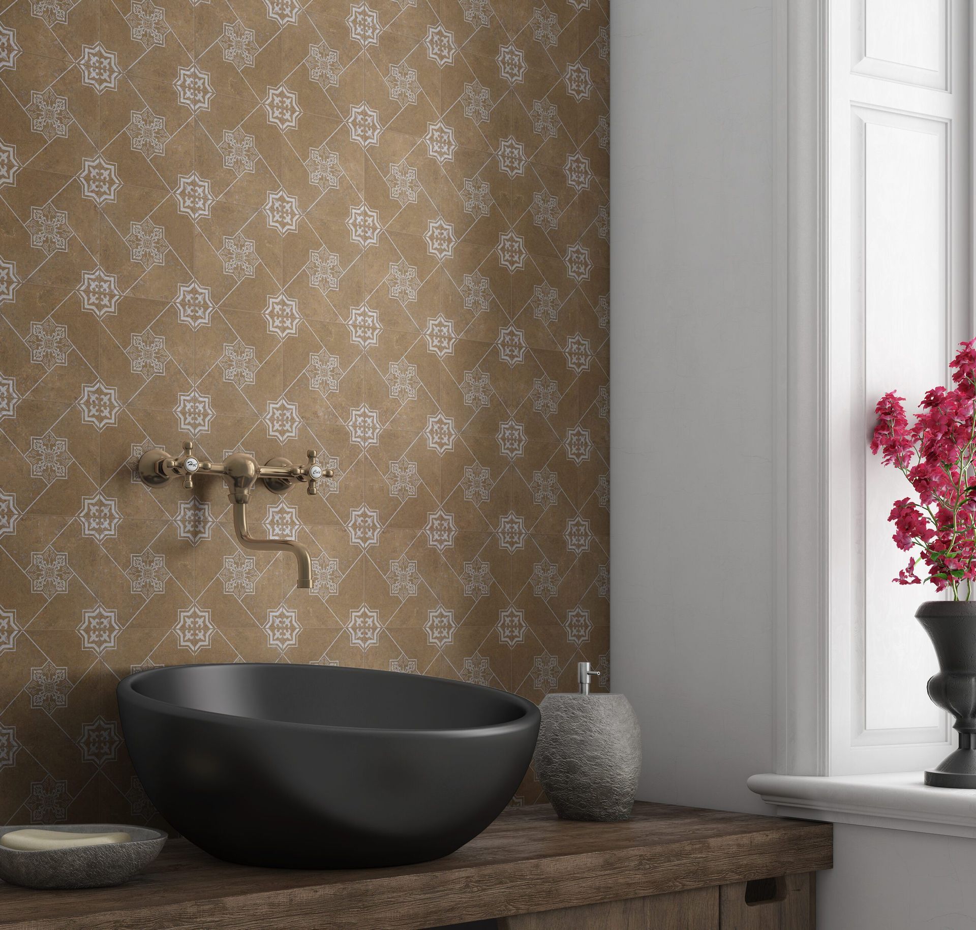 Bathroom with a black basin sink, brown patterned wallpaper, and a window with red flowers.