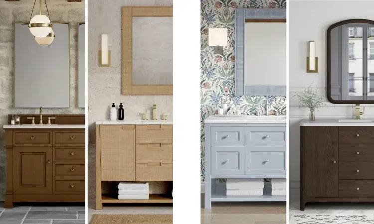 Four bathroom vanities in different styles, with mirrors and sconces.
