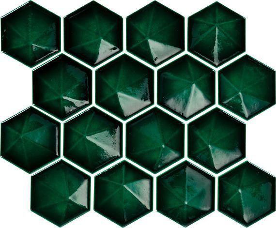 Hexagonal emerald green tiles with a faceted surface.