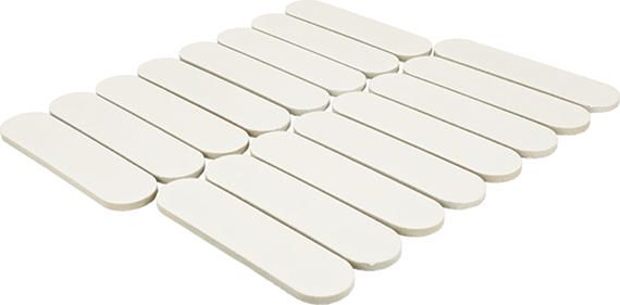 A collection of white, oval-shaped coasters arranged in a diagonal pattern.