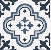 Blue and white patterned tile with ornate floral and geometric design.