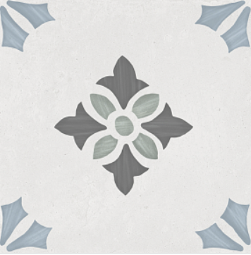 Decorative tile with a central gray floral design and blue corner accents on a white background.