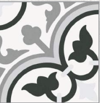 Gray, white, and black patterned tile with floral and circular designs.