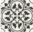 Black and white patterned tile with a quatrefoil and floral design.