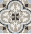 Gray and white patterned tile with floral design.