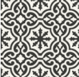 Black and white patterned tile. Floral and geometric design on a square surface.