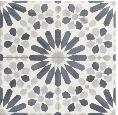 Four patterned tiles arranged together; blue, gray, and white geometric floral design.