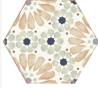 Hexagonal tile with floral and geometric patterns in beige, blue, and brown.
