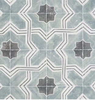 Patterned floor tiles in shades of blue, grey, and white with an interwoven geometric design.