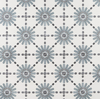 White tile with repeating blue floral pattern and gray cross grid.