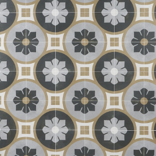 Decorative tile with floral pattern in gray, beige, and dark gray.