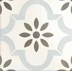 White tile with a grey floral pattern and blue accents.