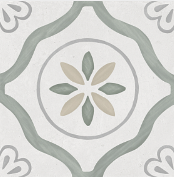 Decorative square tile with a floral pattern in green, gray, and beige on white background.