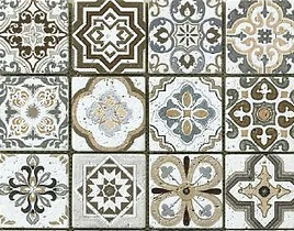 Decorative tiles with intricate gray, brown, and white patterns.