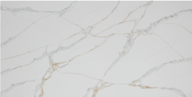 White marble with golden and gray veining.