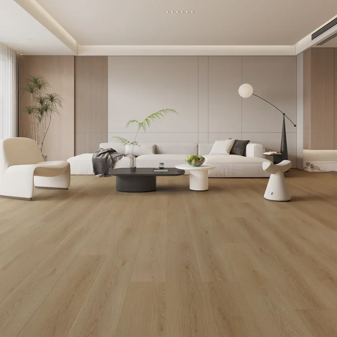 Spacious modern living room with light wood floors, white furniture, and neutral walls.