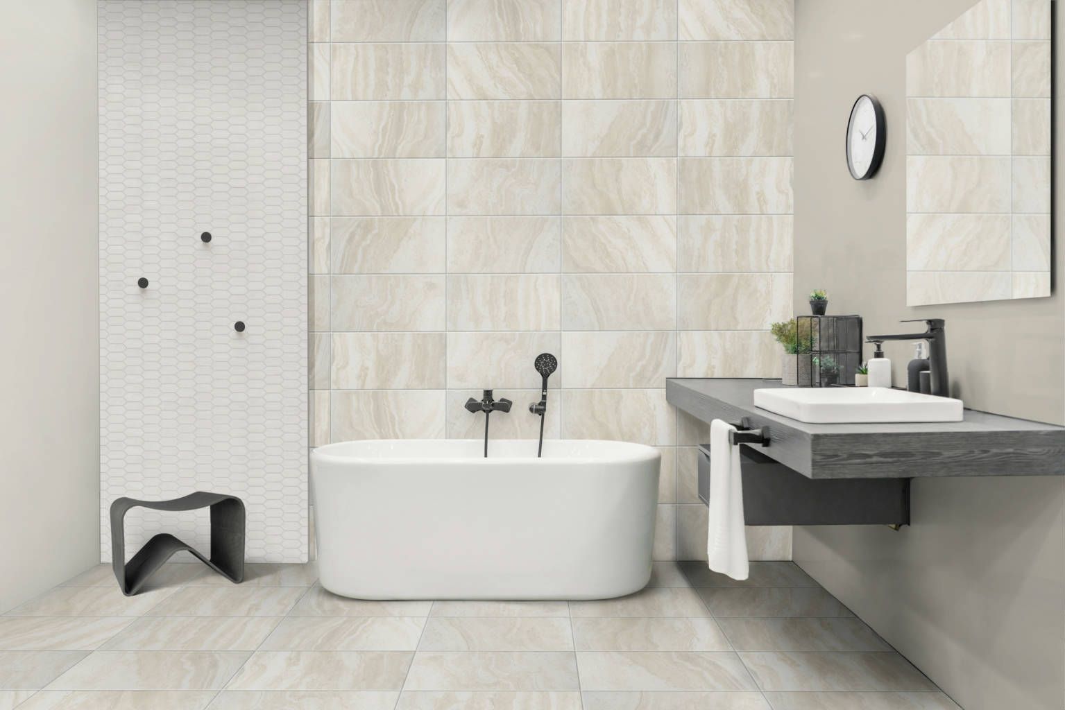 Roccia di Roma Beige 12x24 tile by Pan American Ceramics with natural stone look in warm beige tones