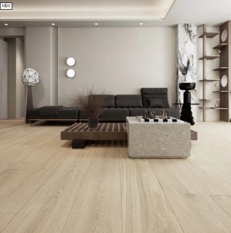 Living room with light wood floor, dark sofa, minimalist decor, and a stone coffee table.