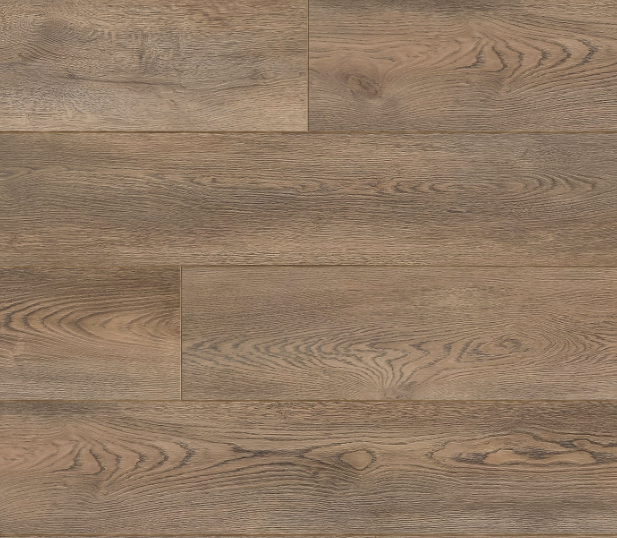 Wood-look flooring with shades of brown and grey, showing detailed grain patterns.
