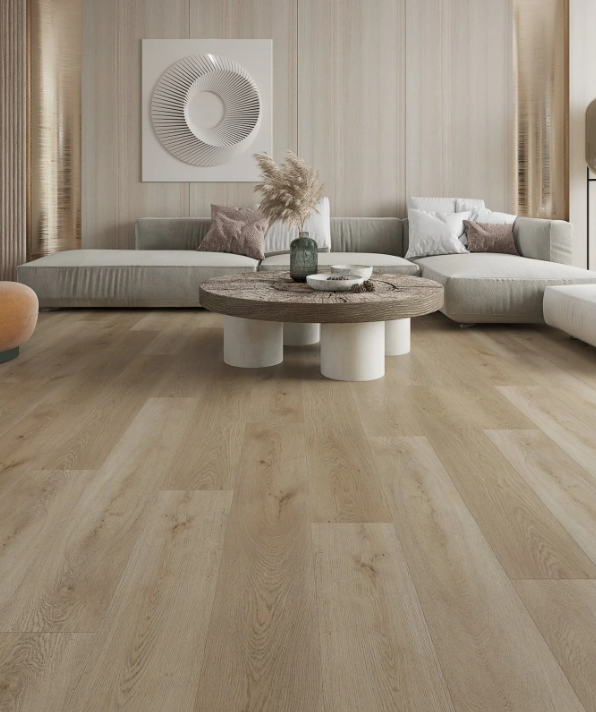 Chic living room showcasing Pendle Oak XL SPC Flooring, enhancing your space with timeless elegance and durability.