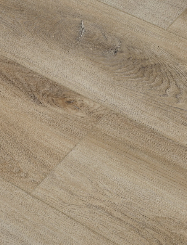 Light-colored wood-look flooring with knots and grain detail.