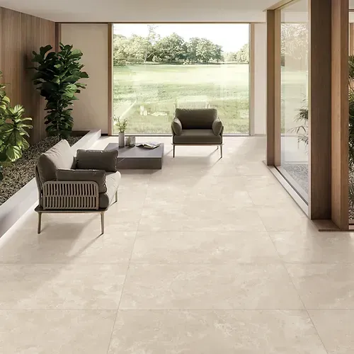 Travertine Nuevo 24x48 large format porcelain tile, showcasing natural stone texture and elegant beige tones, perfect for modern flooring and wall installations
