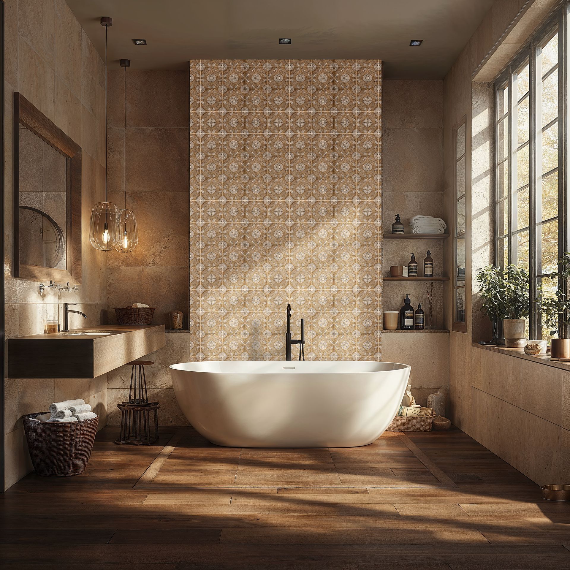 Bathroom with a white tub, wood floor, and beige tile wall, next to a large window.