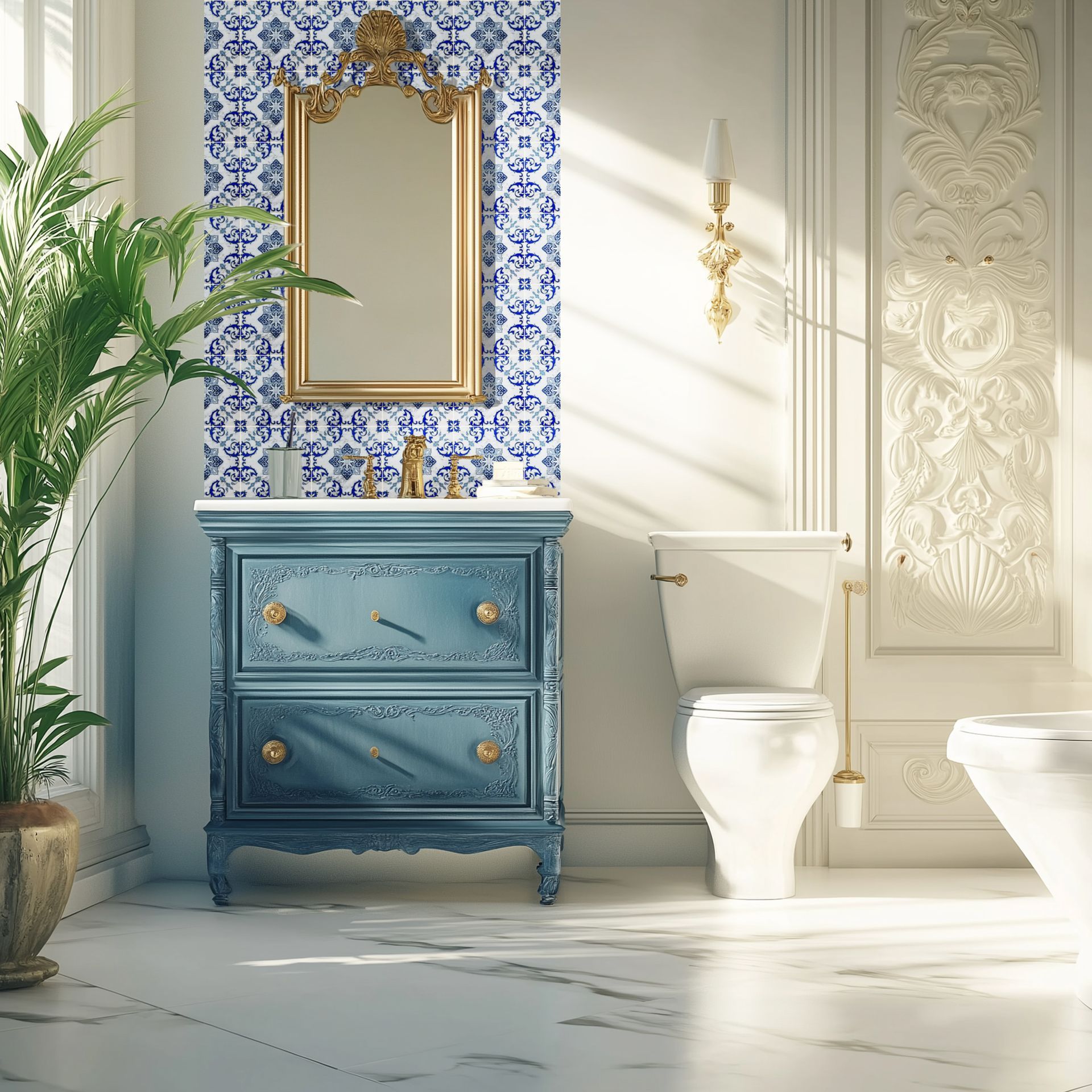 Elegant bathroom with blue vanity, patterned tile, gold mirror, and white toilet.