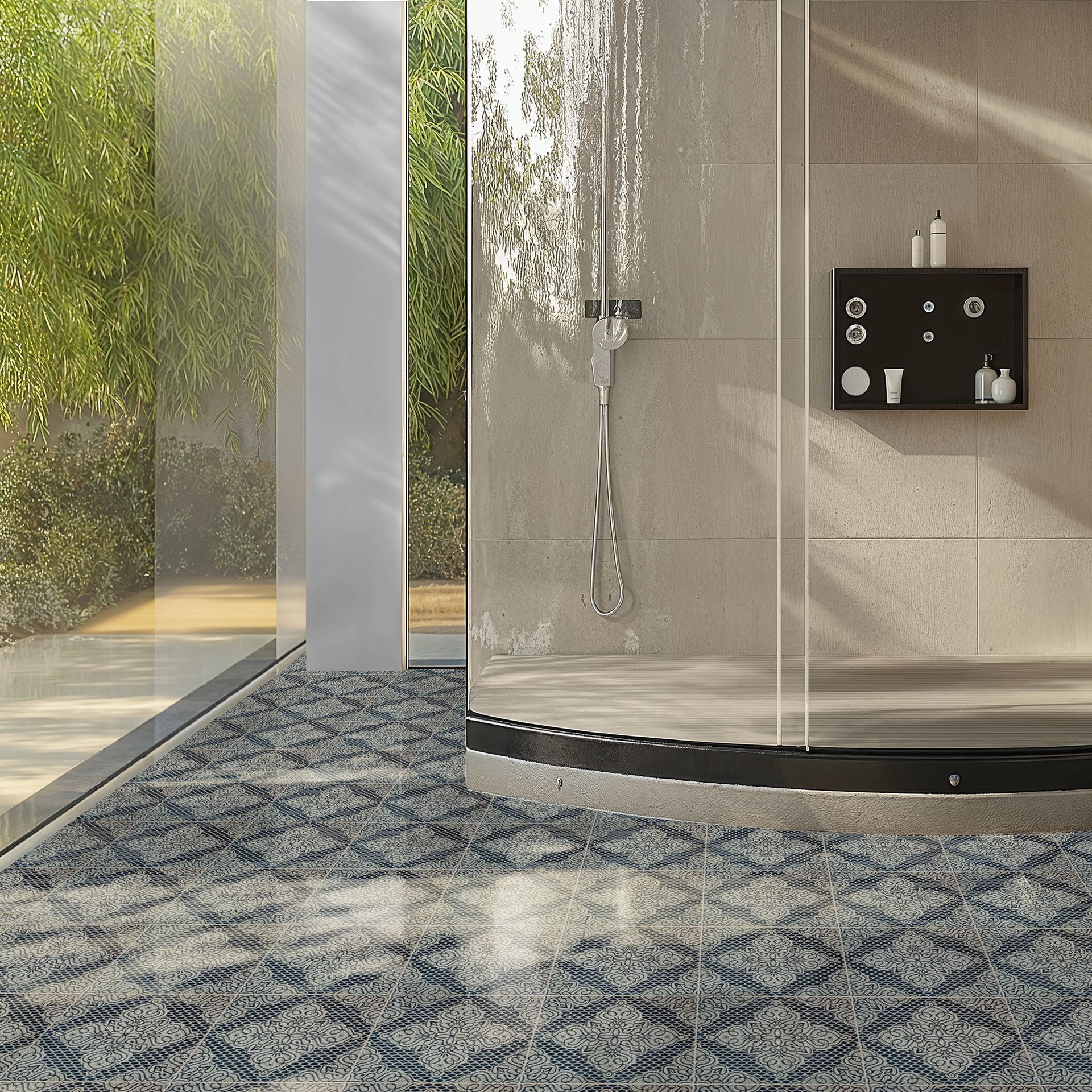 Modern bathroom with patterned floor, glass shower, and outdoor view through a large window.