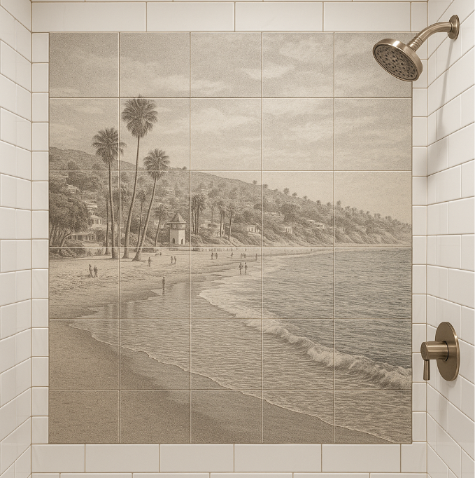 Beach scene shower tile with a mountain, trees, and ocean; beige and brown.