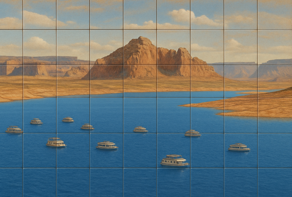 Boats on a blue lake with a desert landscape and red rock formations in the background, divided into tiles.