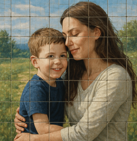 Woman hugging a smiling young boy in a field, both looking at the viewer; soft colors.