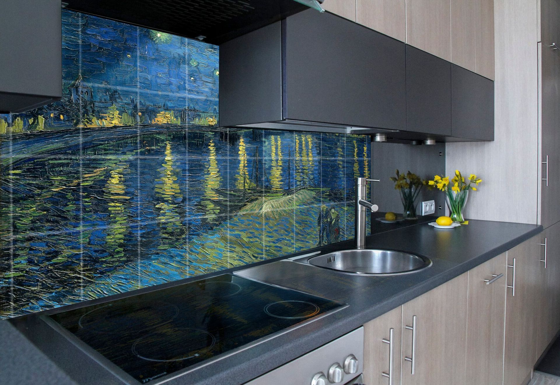 Kitchen backsplash features a Van Gogh painting-like scene of a moonlit waterfront with yellow lights.