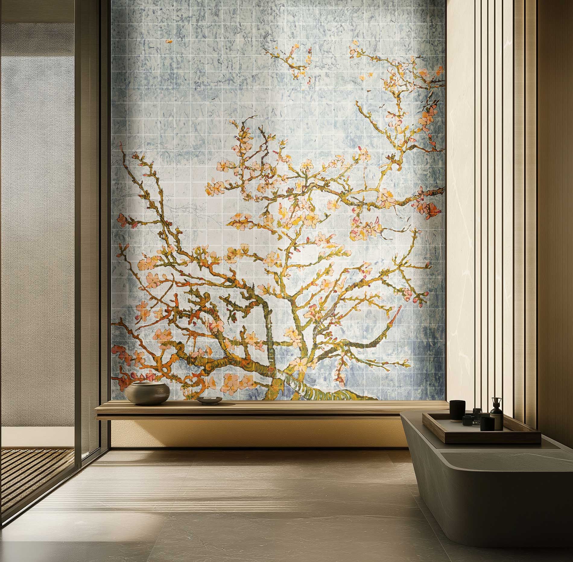 Bathroom with mosaic floral art, featuring a blooming tree in soft orange and yellow against a muted blue and gray backdrop.