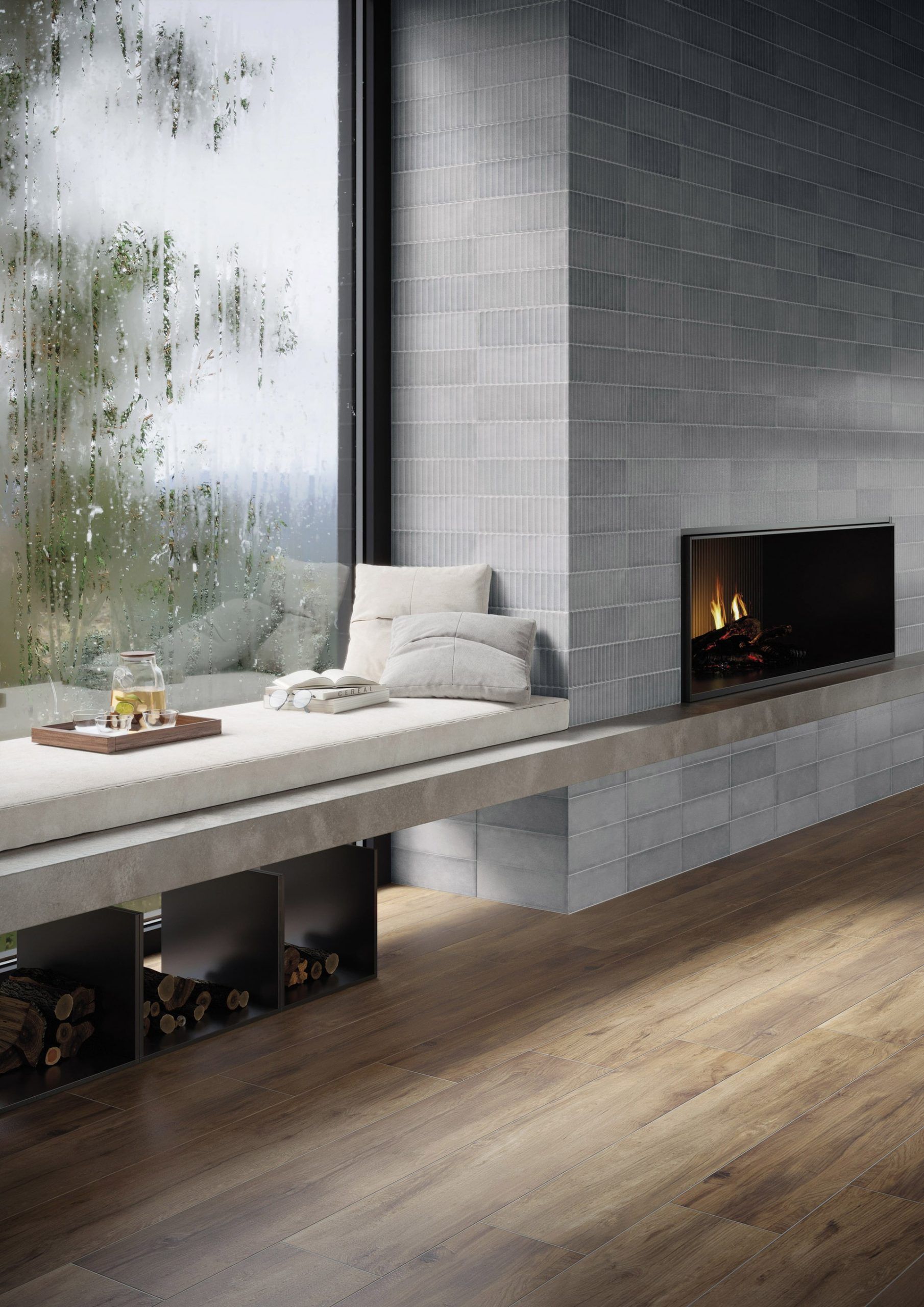 Cozy indoor scene: window seat with pillows, fireplace with lit fire, wooden floor, rainy view.
