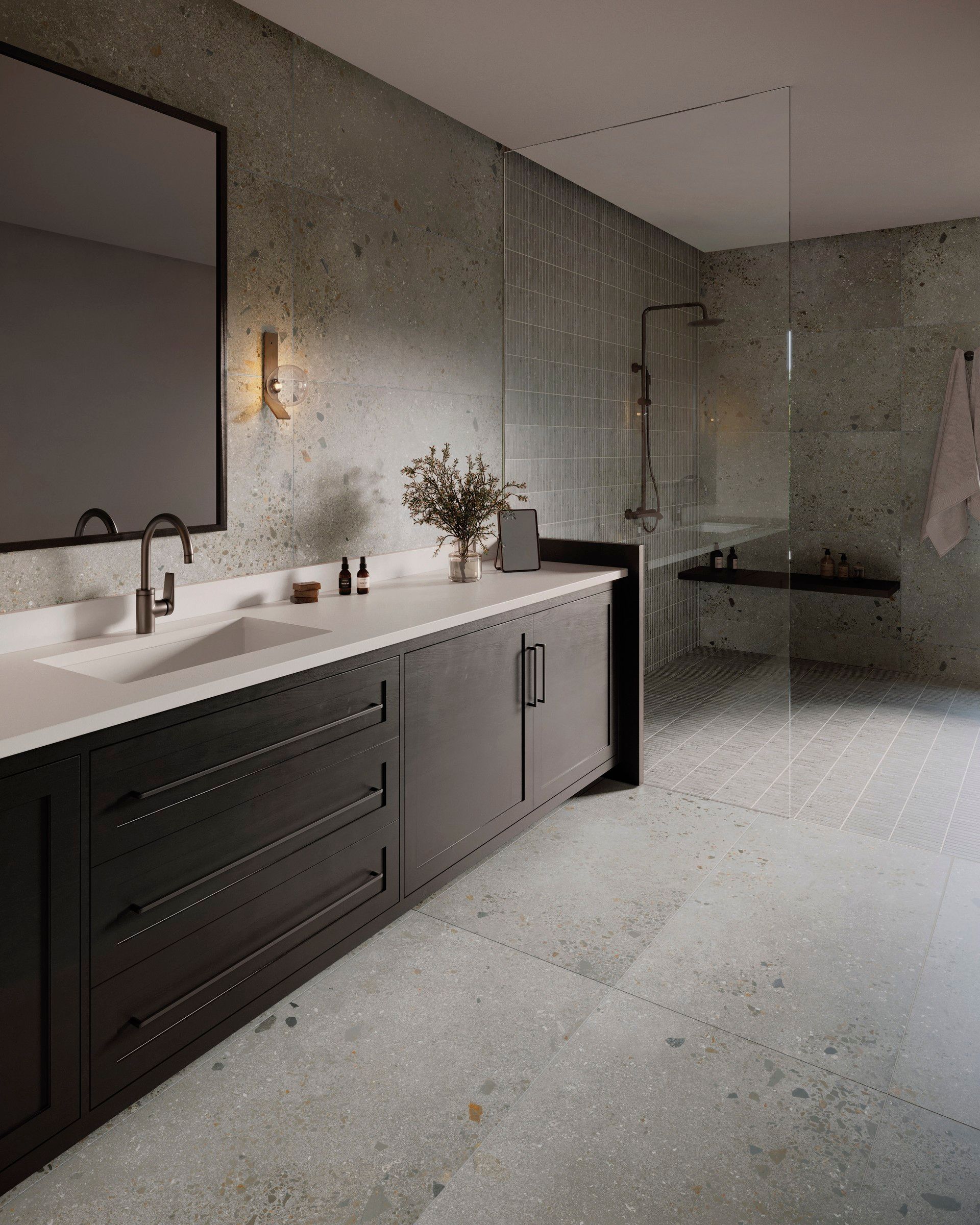 Lab 24x48 large format porcelain tile by Portobello America, featuring a minimalist design with subtle grey tones, ideal for modern floors and walls in both residential and commercial spaces