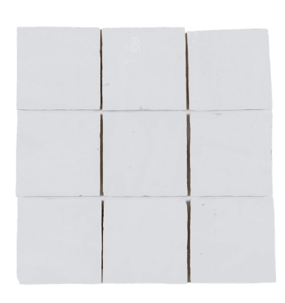 Nine white square tiles arranged in a 3x3 grid, separated by dark grout lines.